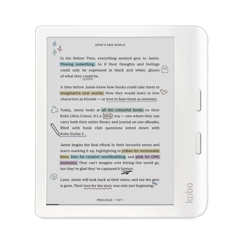 Kobo Libra Colour front view white showing crisp book cover display and portability
