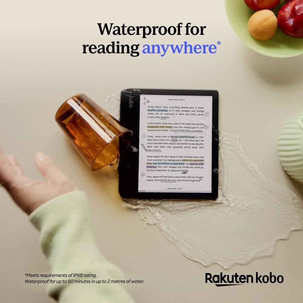 Kobo Libra Colour on coffee table in lifestyle scene promoting relaxed reading enjoyment