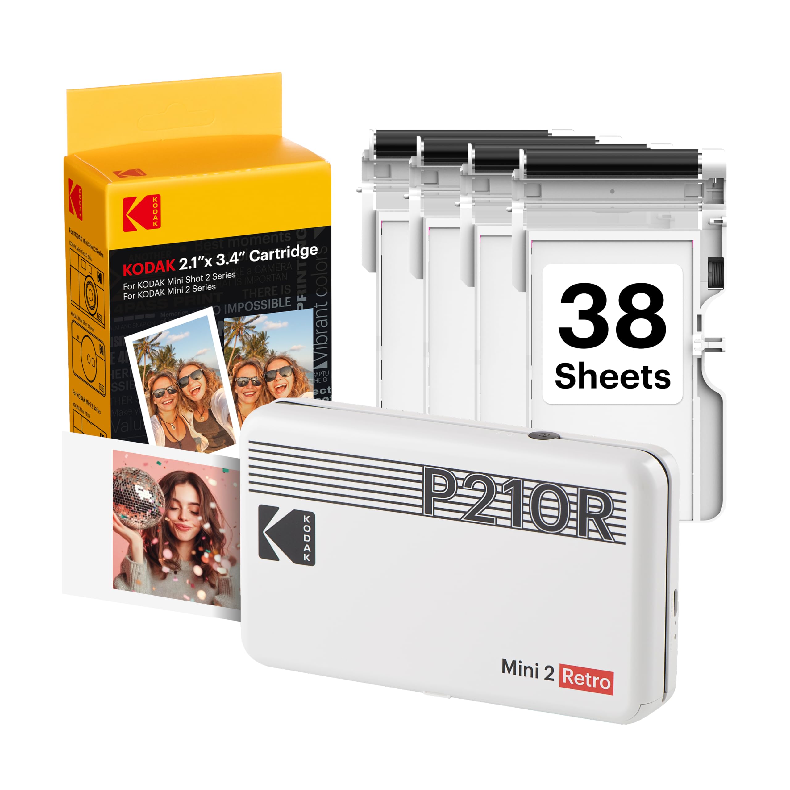 KODAK Mini 2 Retro frontal blanco mostrando tamaño portátil y impresiones rápidas