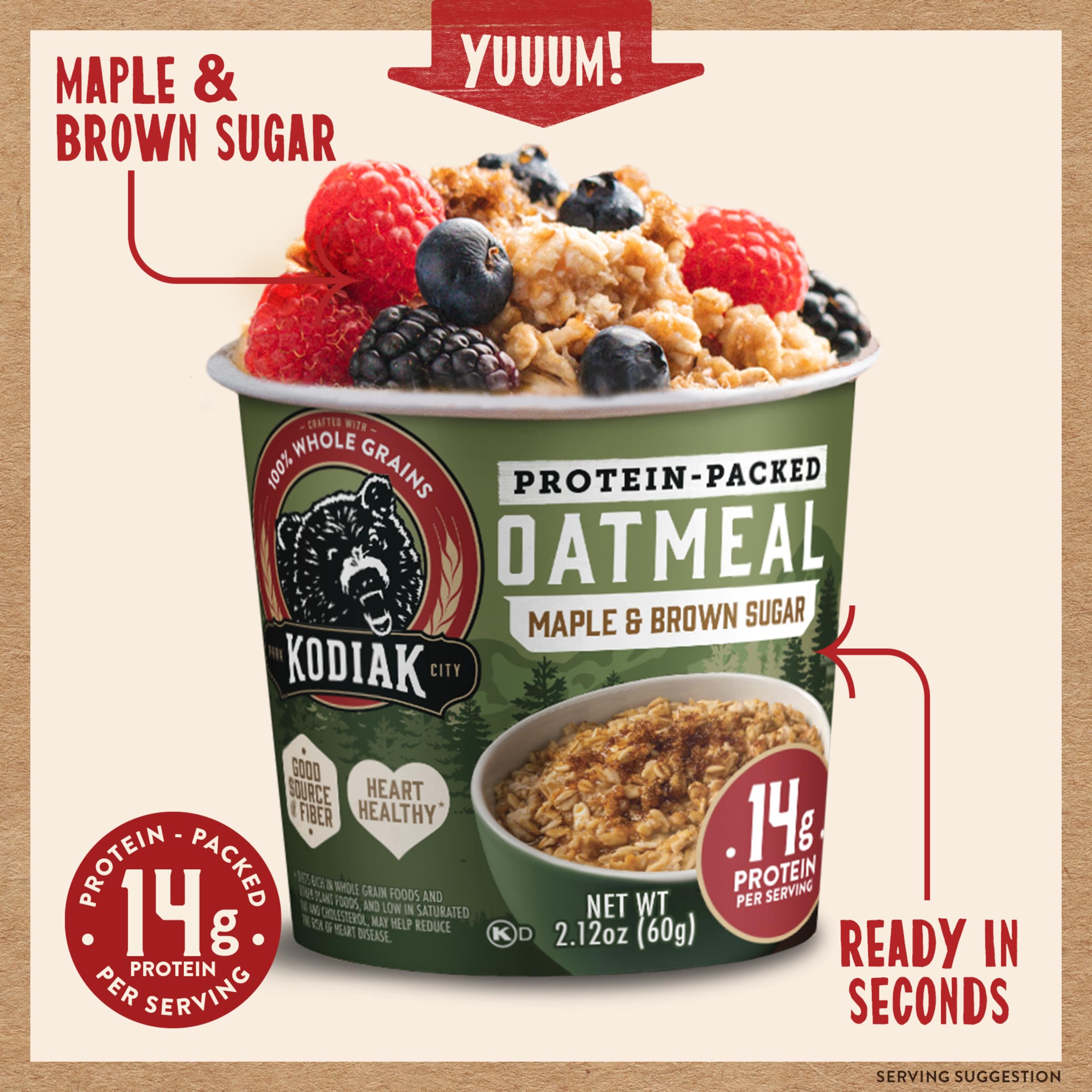 Kodiak Cakes vaso en uso en oficina para desayuno rápido y nutritivo.