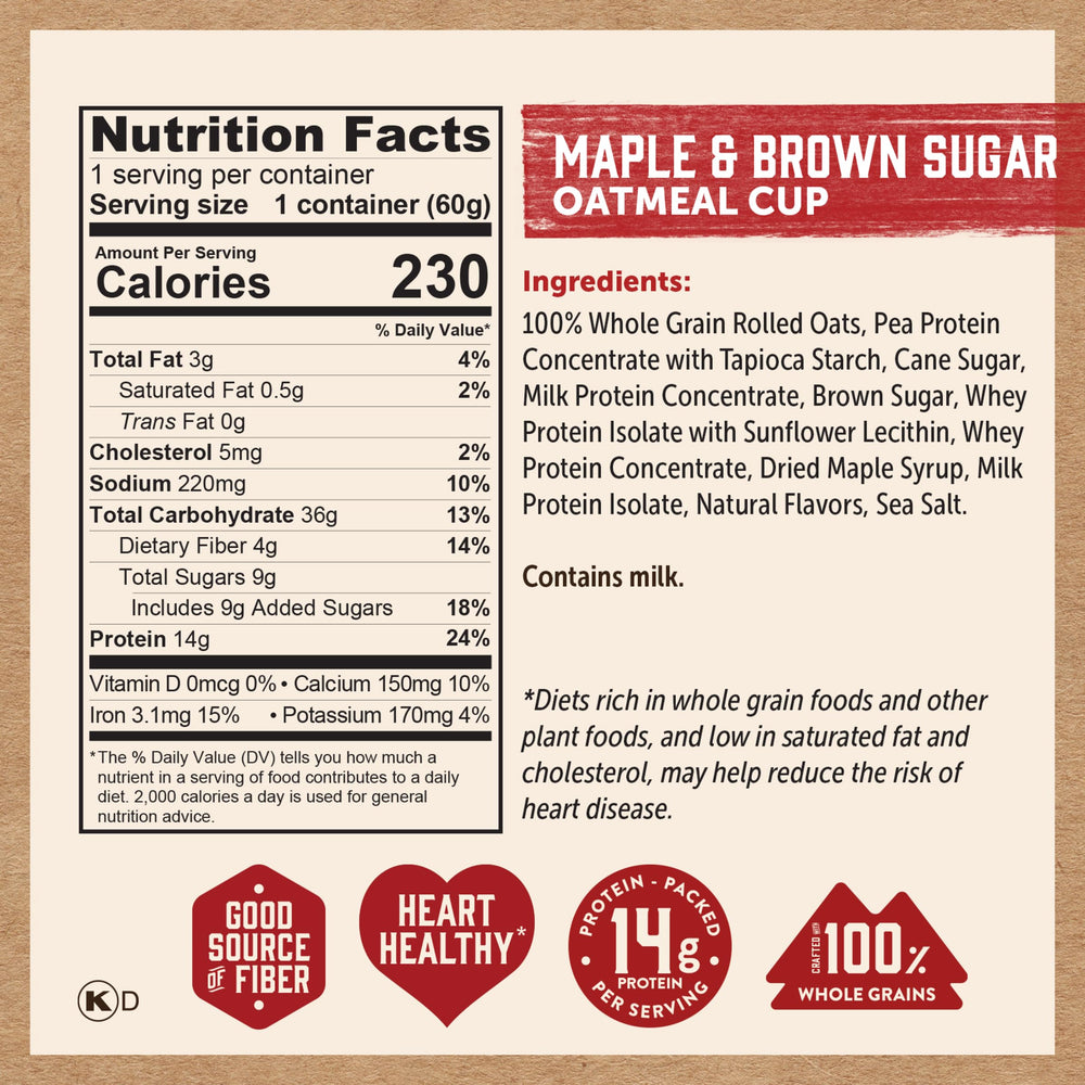 Kodiak Cakes etiqueta nutricional enfocada en proteína y granos enteros.