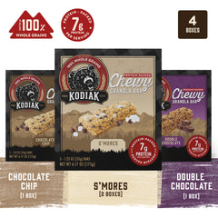 Kodiak Cakes sobres individuales apilados, cómodo para llevar y consumir en movimiento