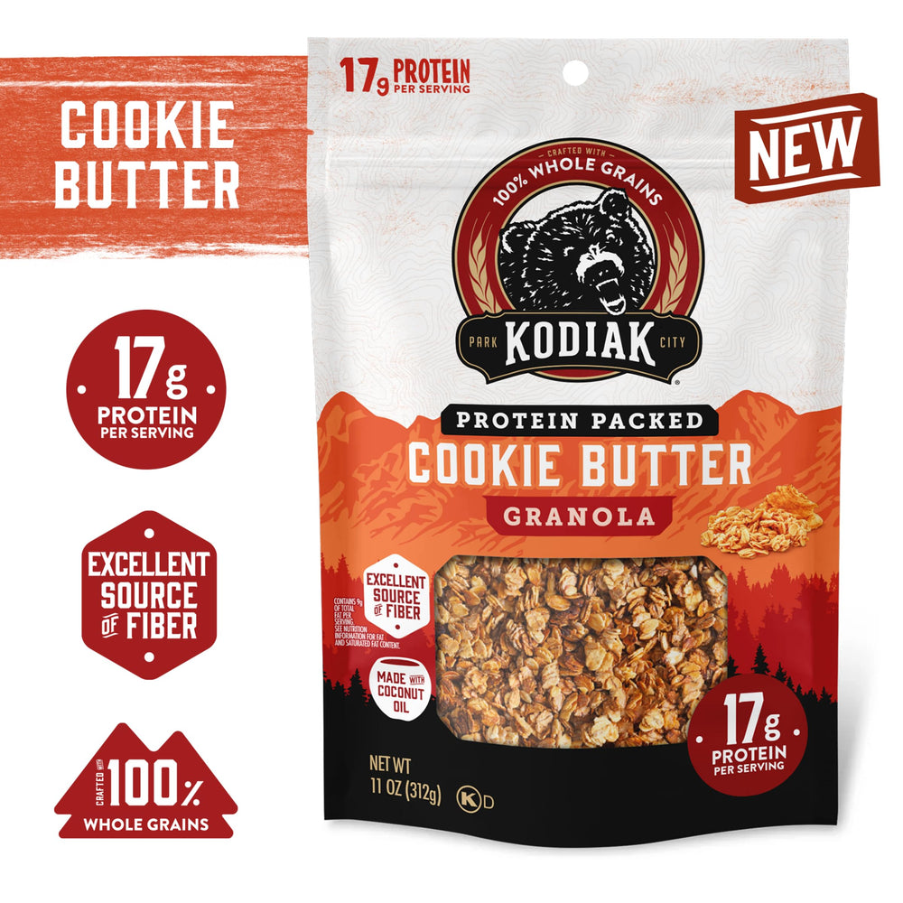 Kodiak Cakes primer plano de la textura crujiente con trozos y beneficios proteicos