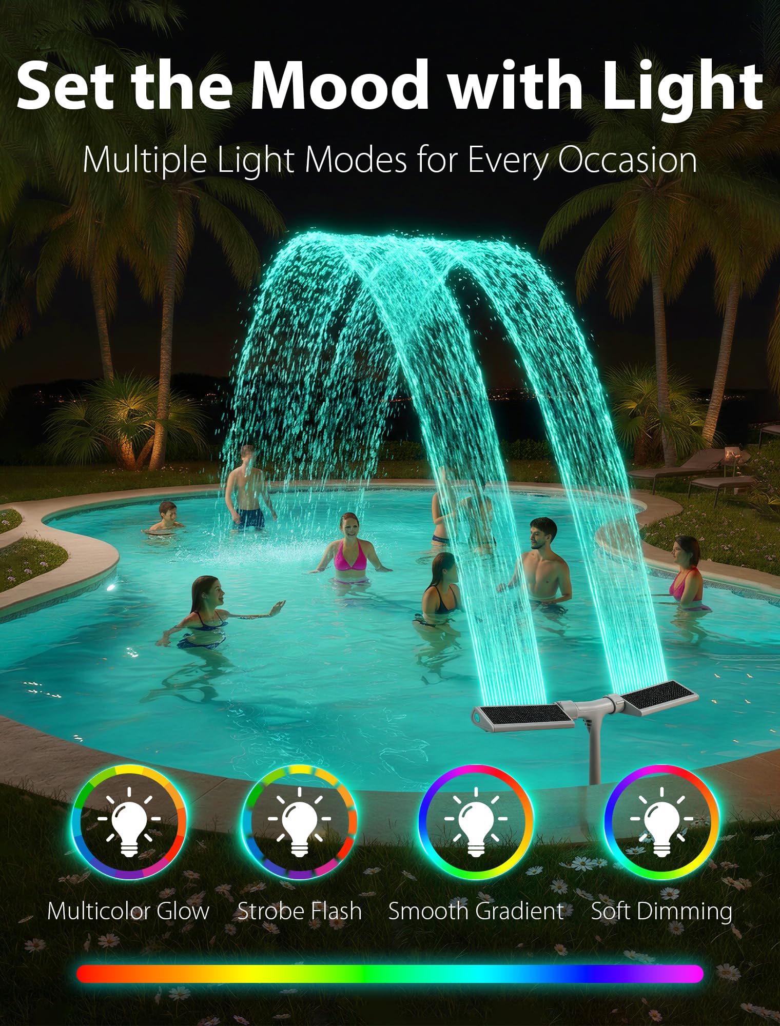 Kompoll fuente en piscina enterrada demostrando iluminación y circulación de agua