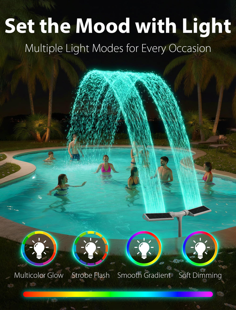 Kompoll fuente en piscina enterrada demostrando iluminación y circulación de agua
