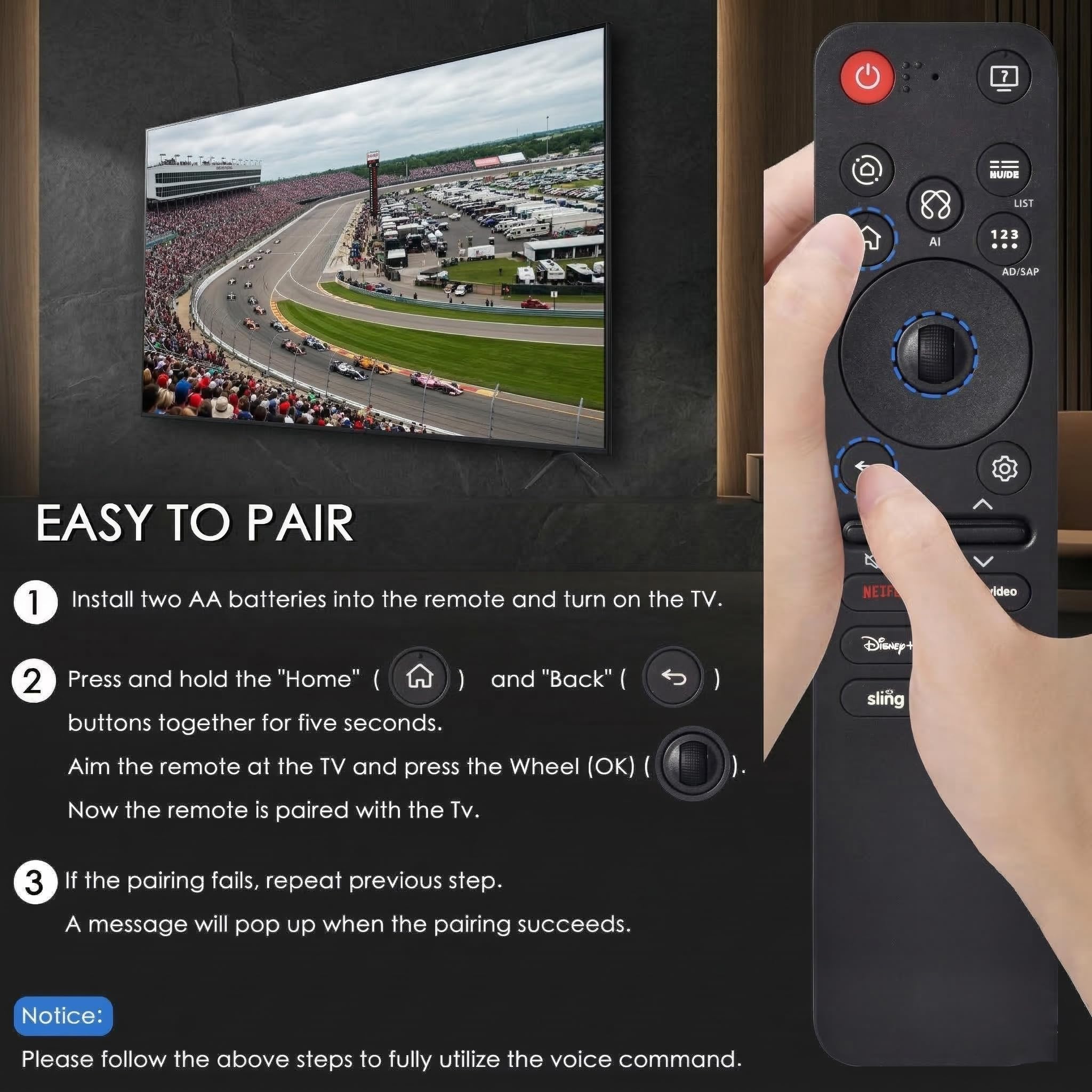 KOOMOER proceso de emparejamiento en pantalla del televisor LG