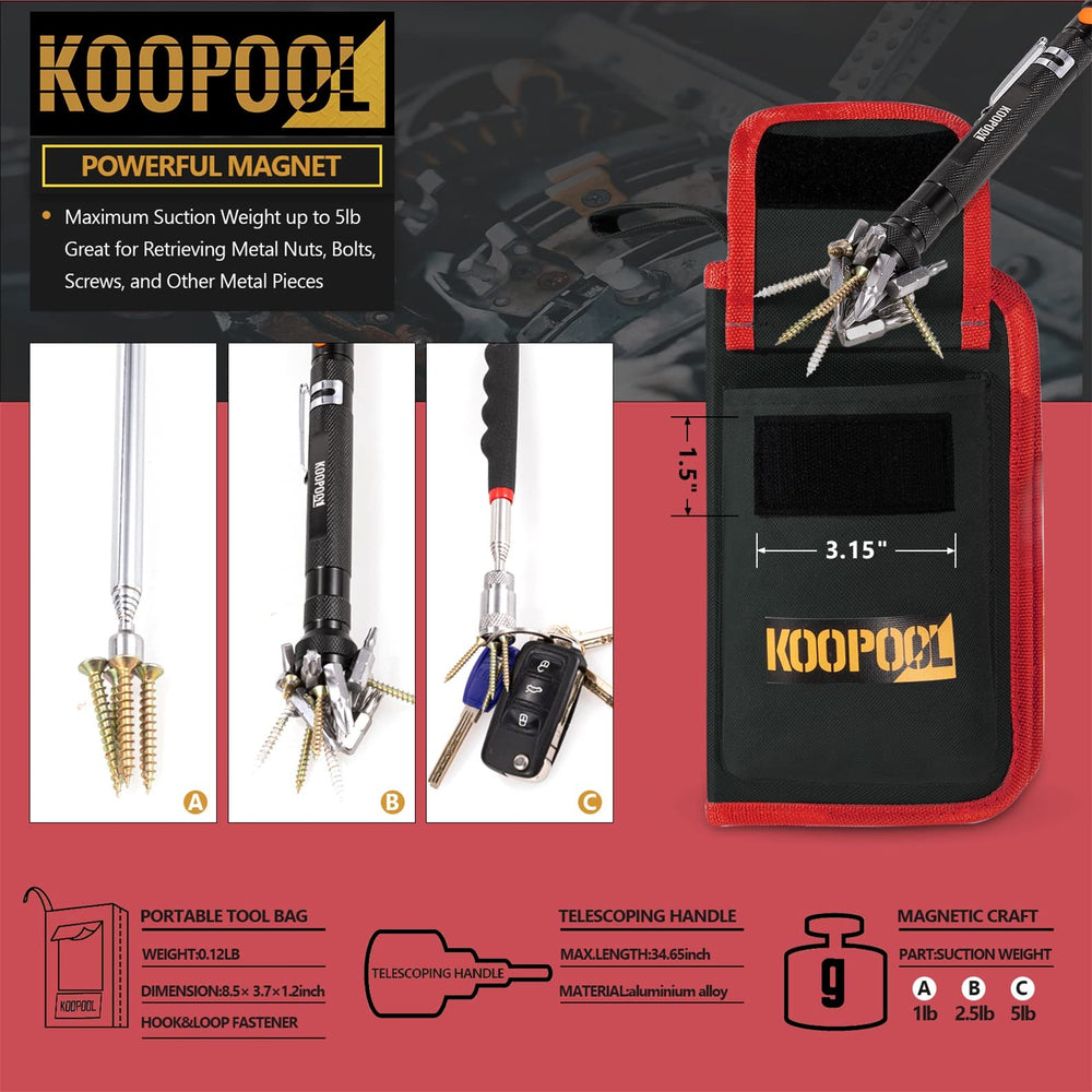 KOOPOOL mango telescópico extendido indicando alcance y control antiderrapante