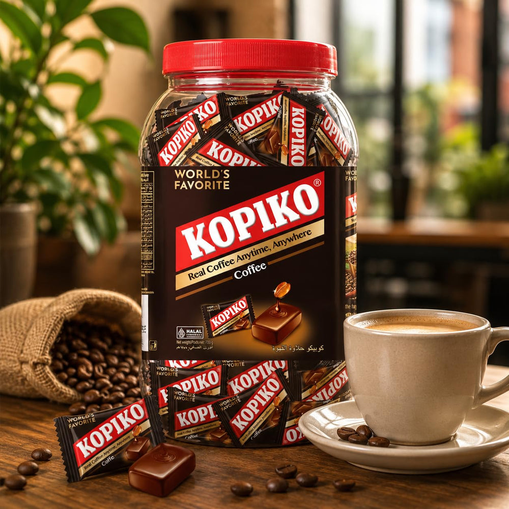 Kopiko detalle de un caramelo cappuccino mostrando textura y sabor cremoso