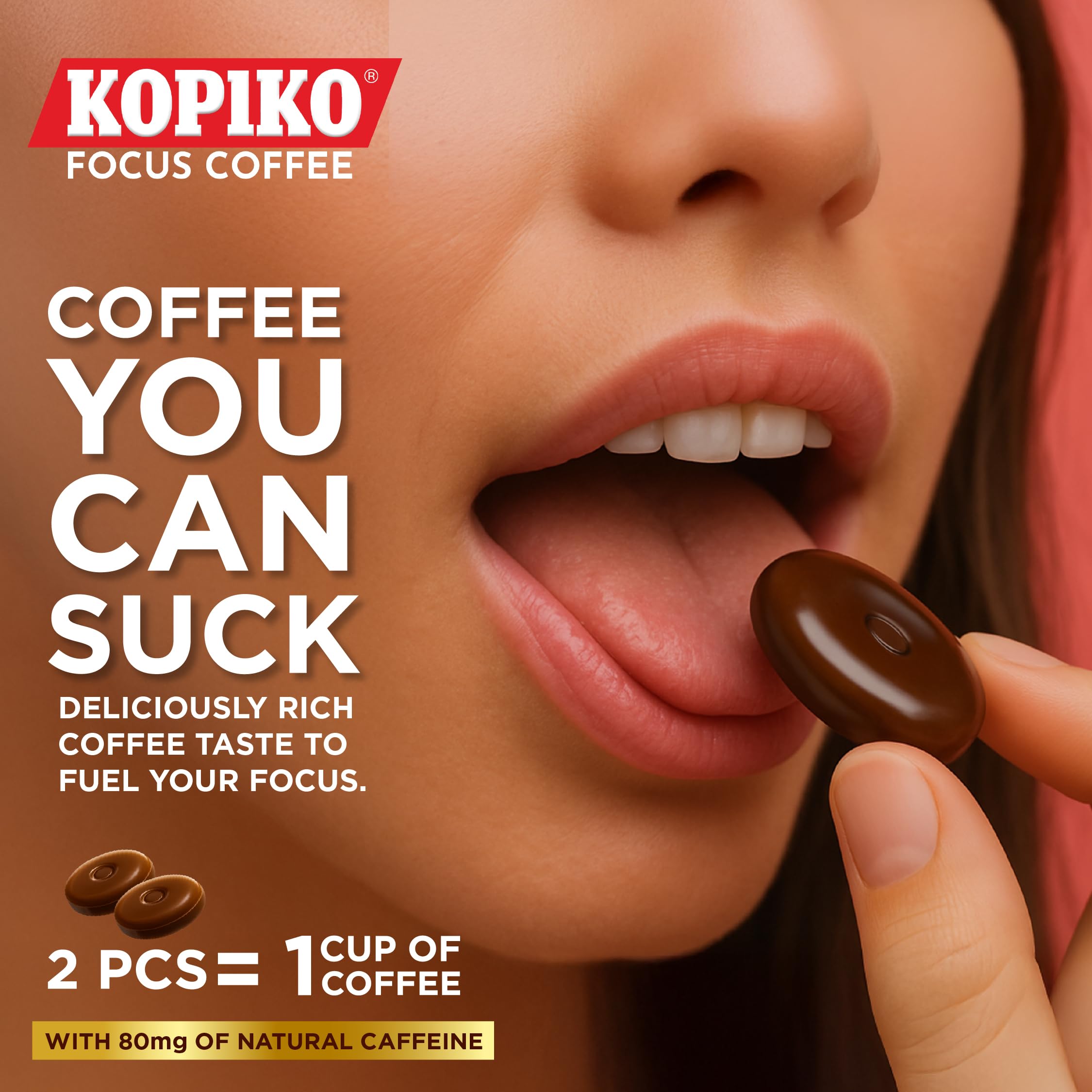 Kopiko Focus caja junto a portátil en escritorio para impulso laboral