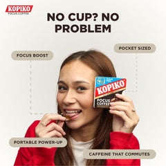 Kopiko Focus estuche abierto con cuatro caramelos listos para consumir
