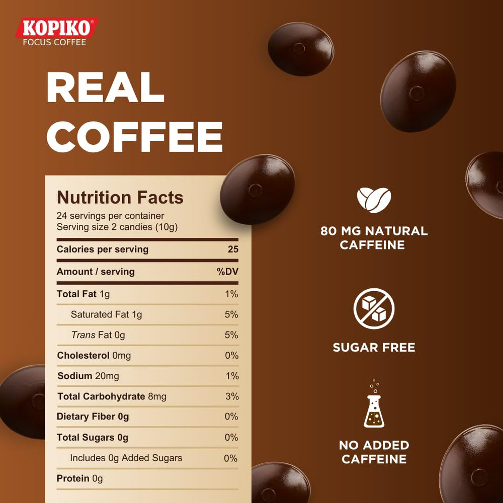 Kopiko Focus etiqueta nutricional mostrando información de cafeína