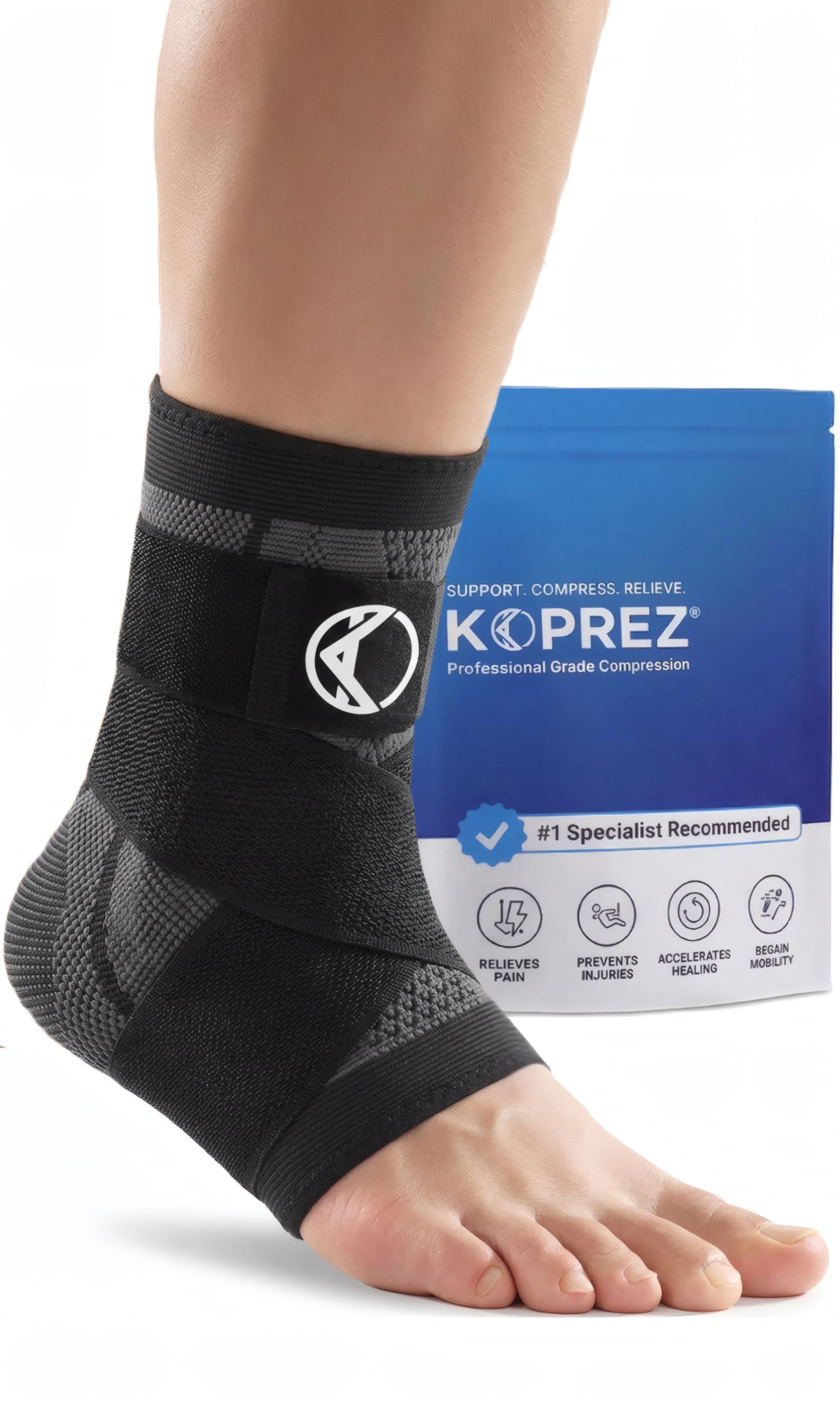 Koprez vista frontal del soporte de tobillo con ajuste seguro y comodidad