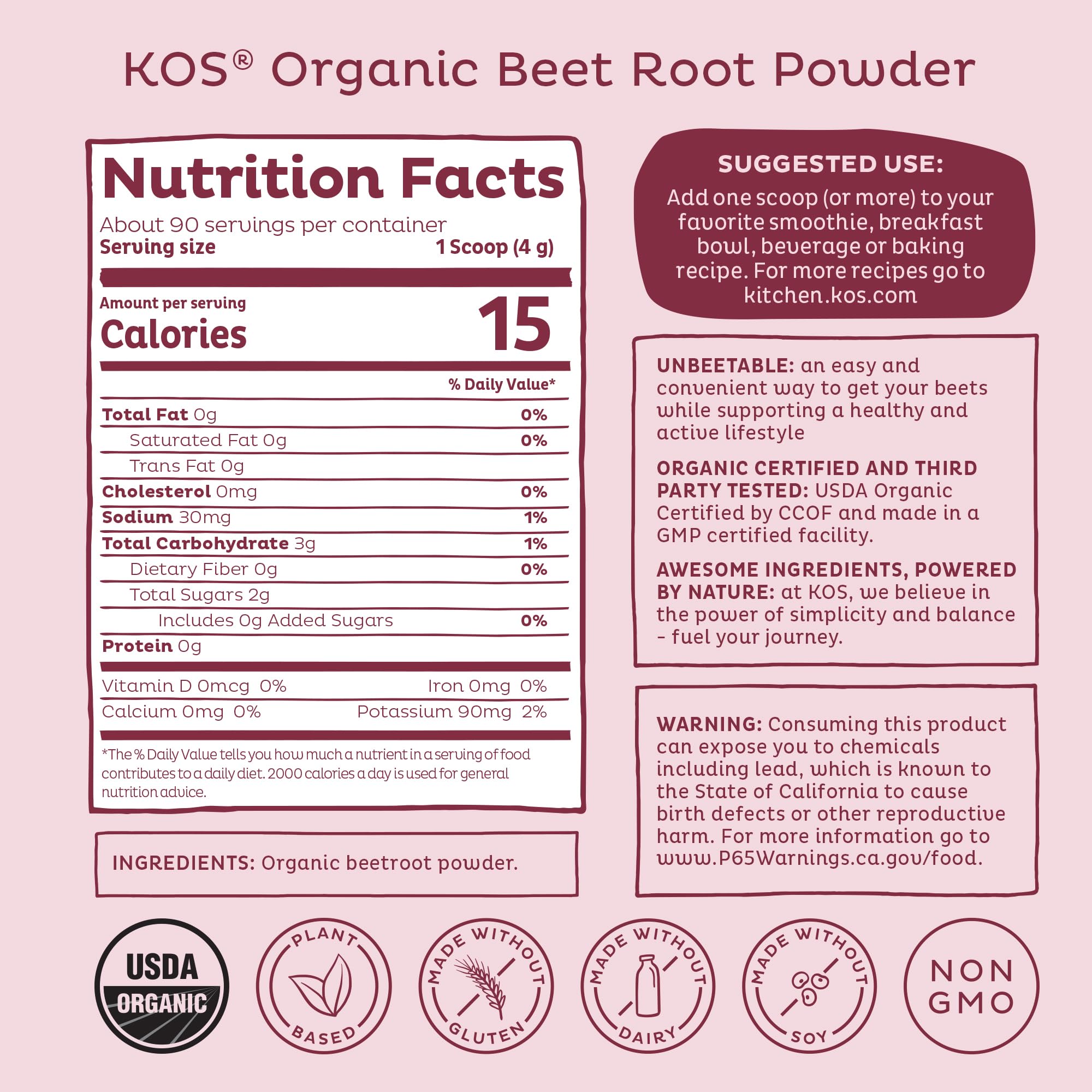 KOS powder beside a spoon and fruit to show serving size and scale