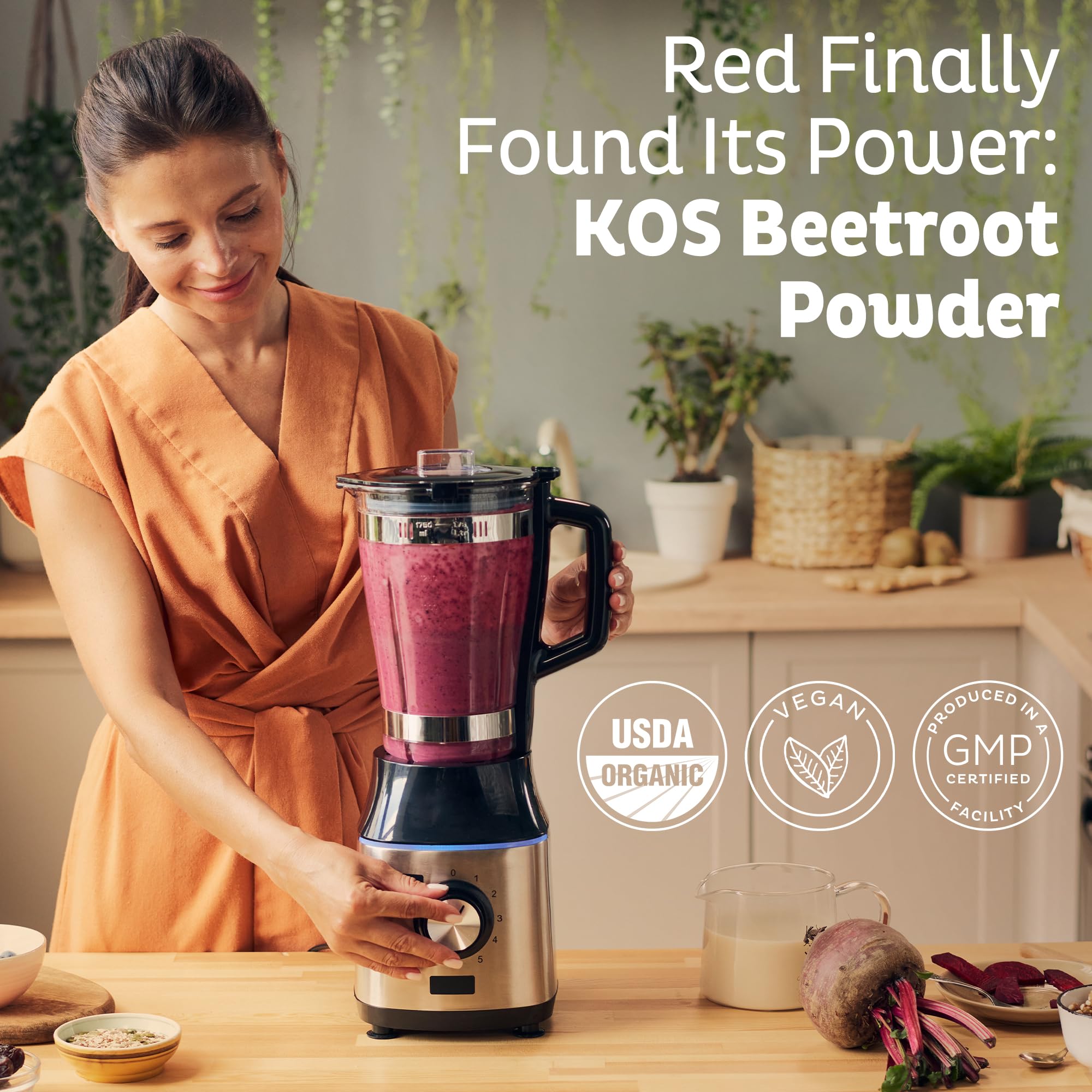 KOS powder texture close-up highlighting fine organic beetroot blend