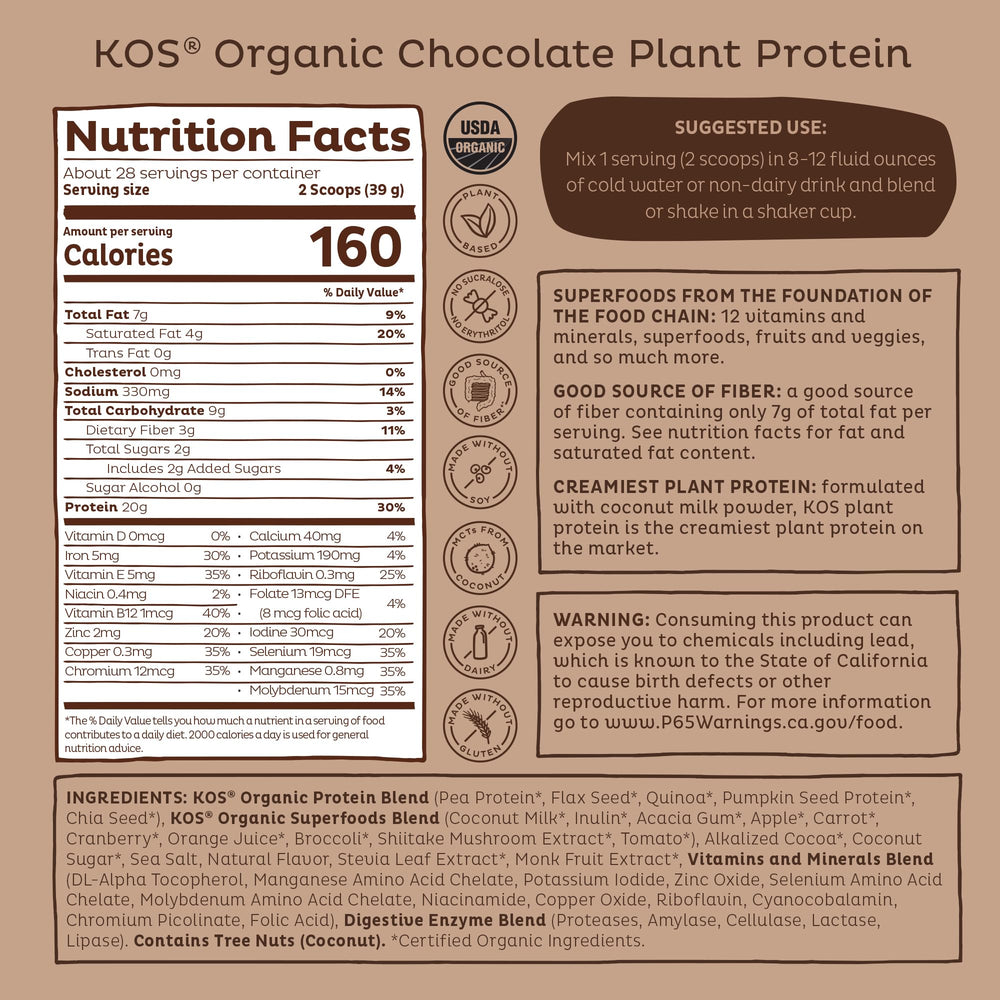 KOS ingredientes orgánicos cacao y coco, evidencia de sabor natural