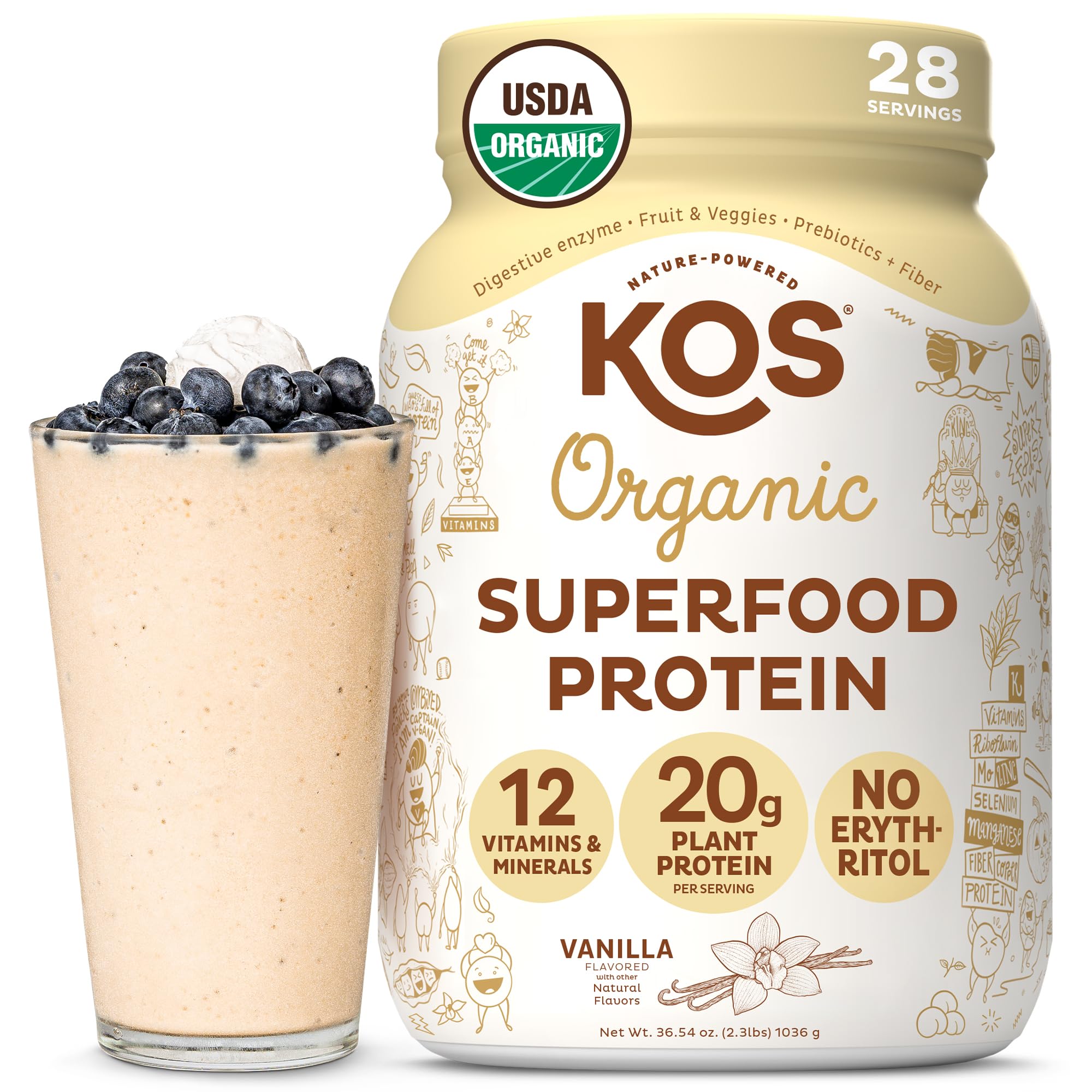 KOS polvo frente mostrando envase y sabor vainilla, beneficio claridad de ingredientes
