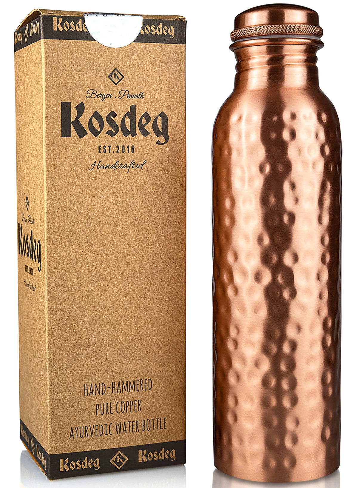 Kosdeg botella de cobre frontal mostrando tamaño y diseño elegante