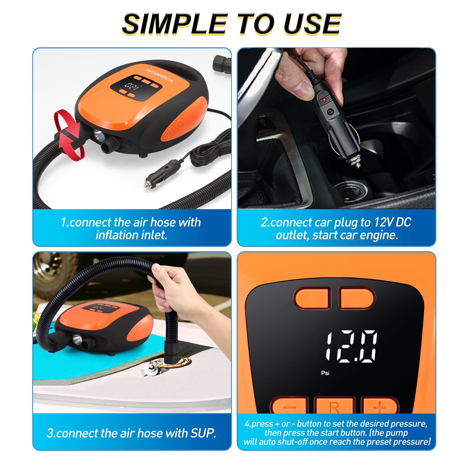 kosmegal conector 12V para coche mostrando alimentación en ruta y conveniencia