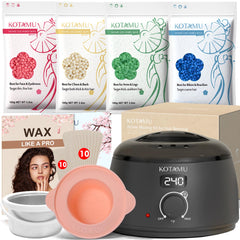 KOTAMU kit de depilación frontal mostrando calentador y ceras, ideal para uso en casa