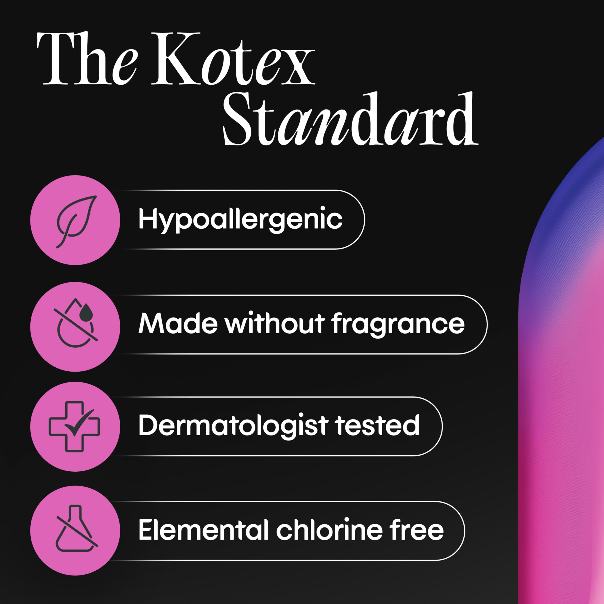 Comparación de tamaño del protector Kotex junto a objetos cotidianos para escala