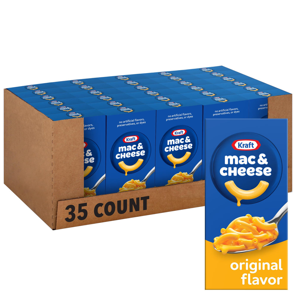 Kraft Mac and Cheese frente del paquete mostrando cantidad y conveniencia