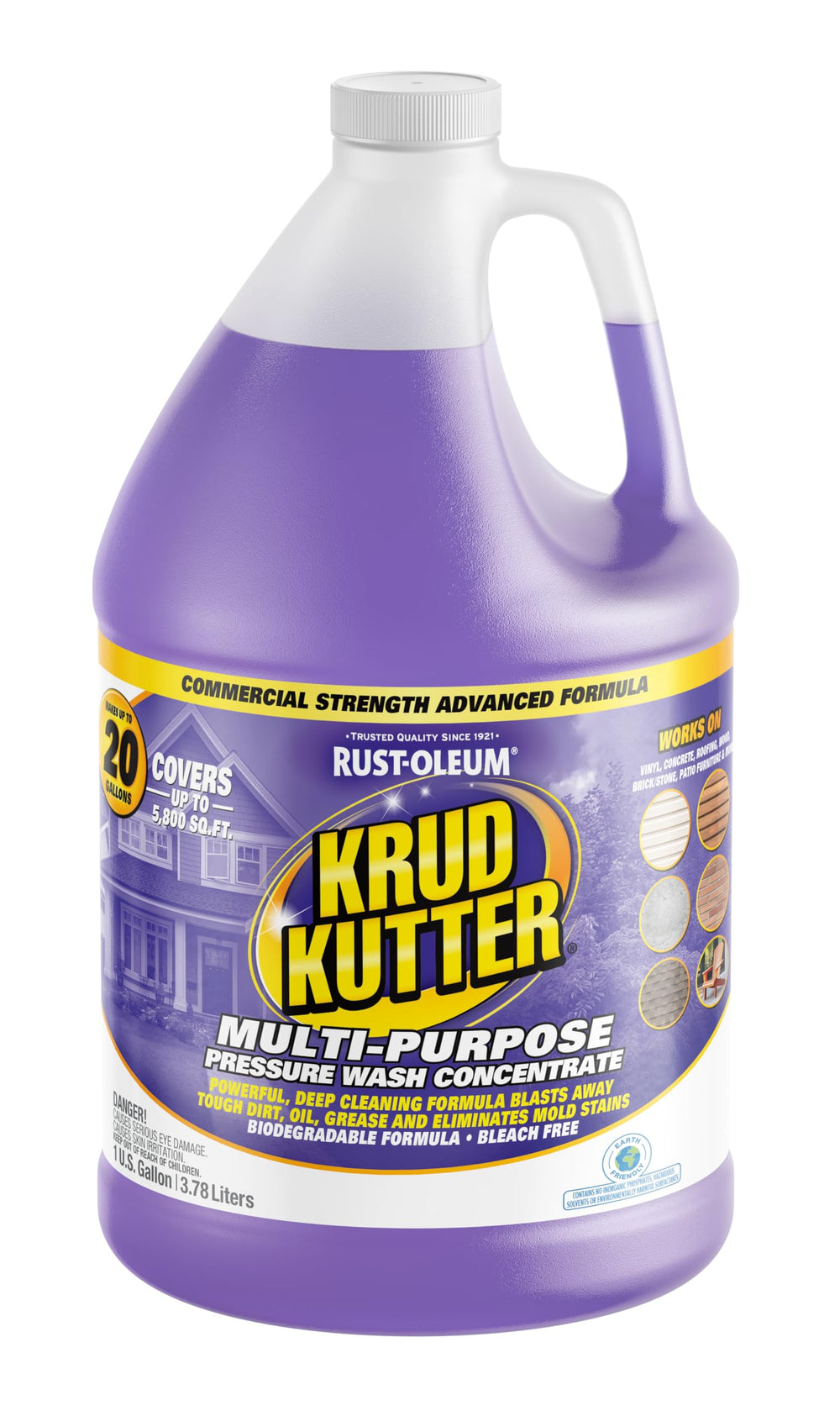 Krud Kutter galón frontal mostrando etiqueta y rendimiento de limpieza