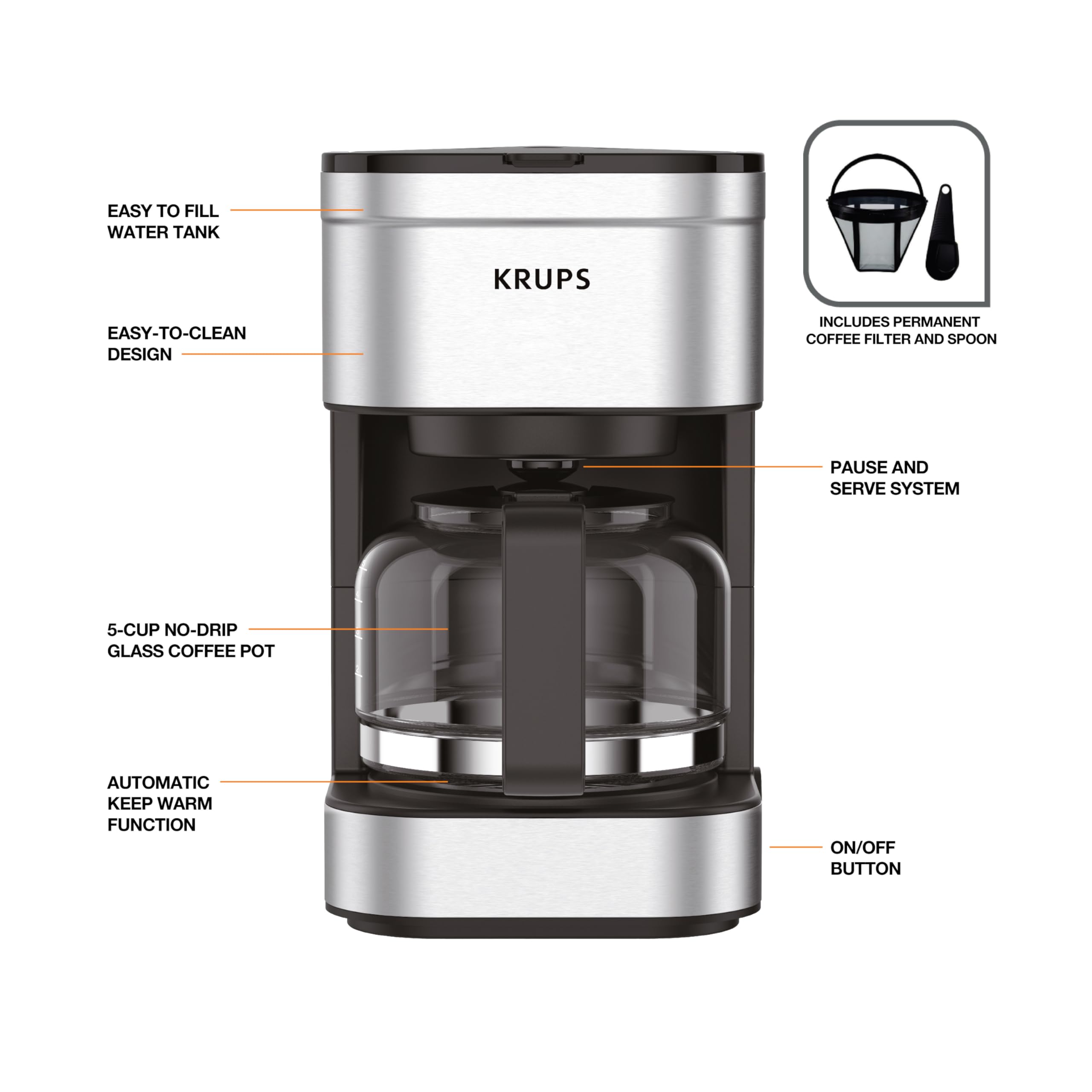 KRUPS comparación de tamaño junto a taza para mostrar escala y capacidad