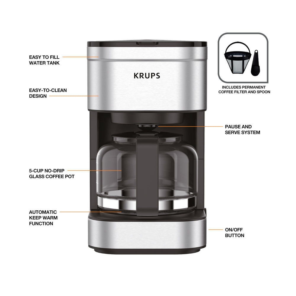 KRUPS comparación de tamaño junto a taza para mostrar escala y capacidad