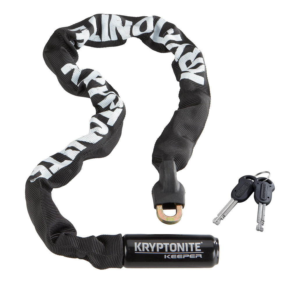 Kryptonite Keeper 785 vista frontal con candado y cadena, seguridad robusta