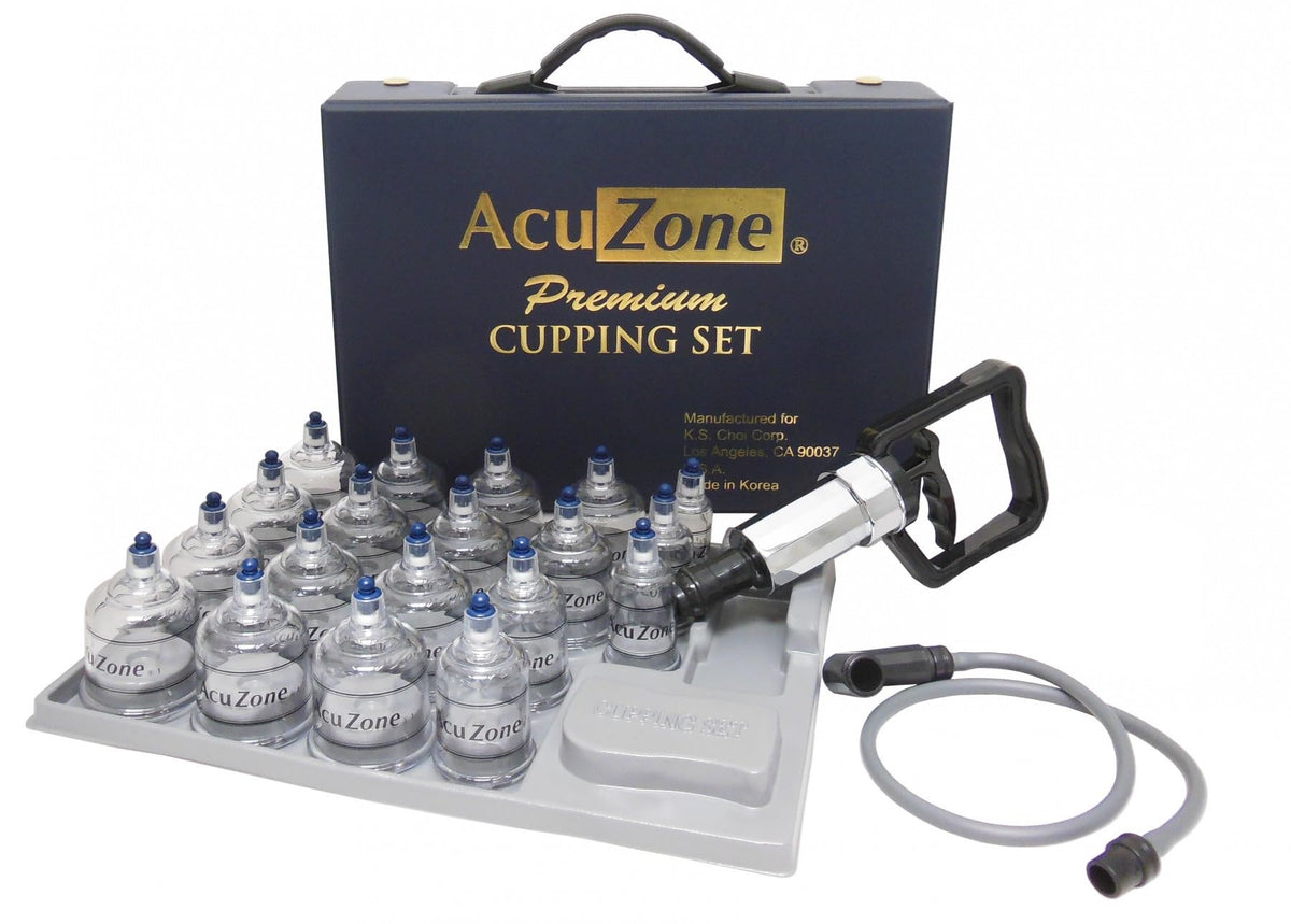 KS set de ventosas frontal mostrando 19 copas y estuche, almacenamiento profesional