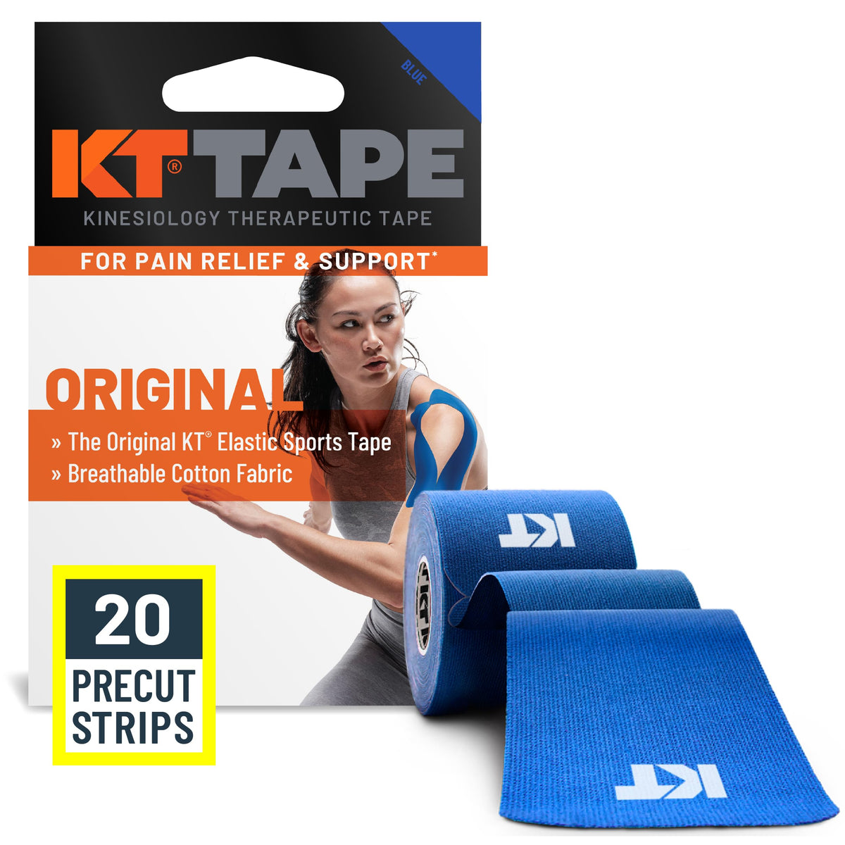 KT Tape embalaje frontal azul mostrando 20 tiras y beneficio de preparación rápida