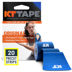 KT Tape embalaje frontal azul mostrando 20 tiras y beneficio de preparación rápida