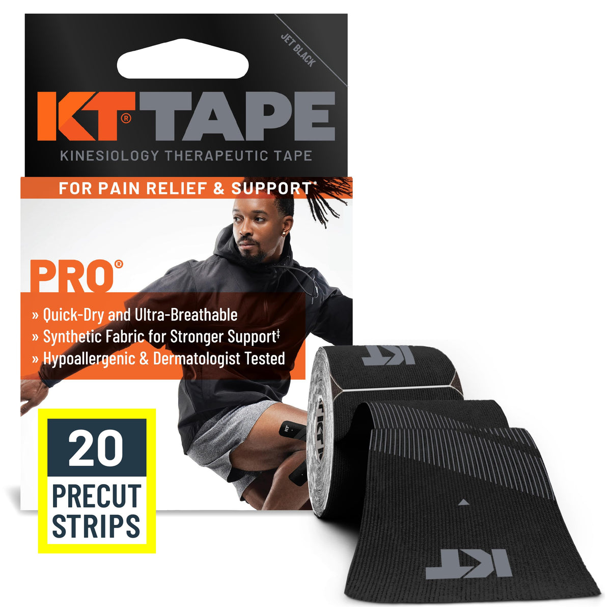 KT Tape Pro embalaje frontal mostrando 20 tiras y beneficio soporte inmediato