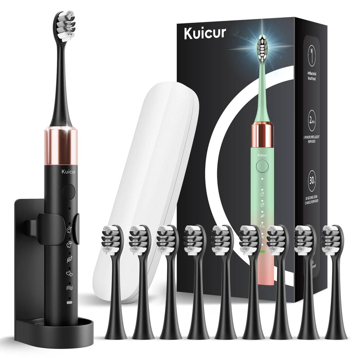 Kuicur vista frontal del cepillo negro mostrando diseño y botones para control