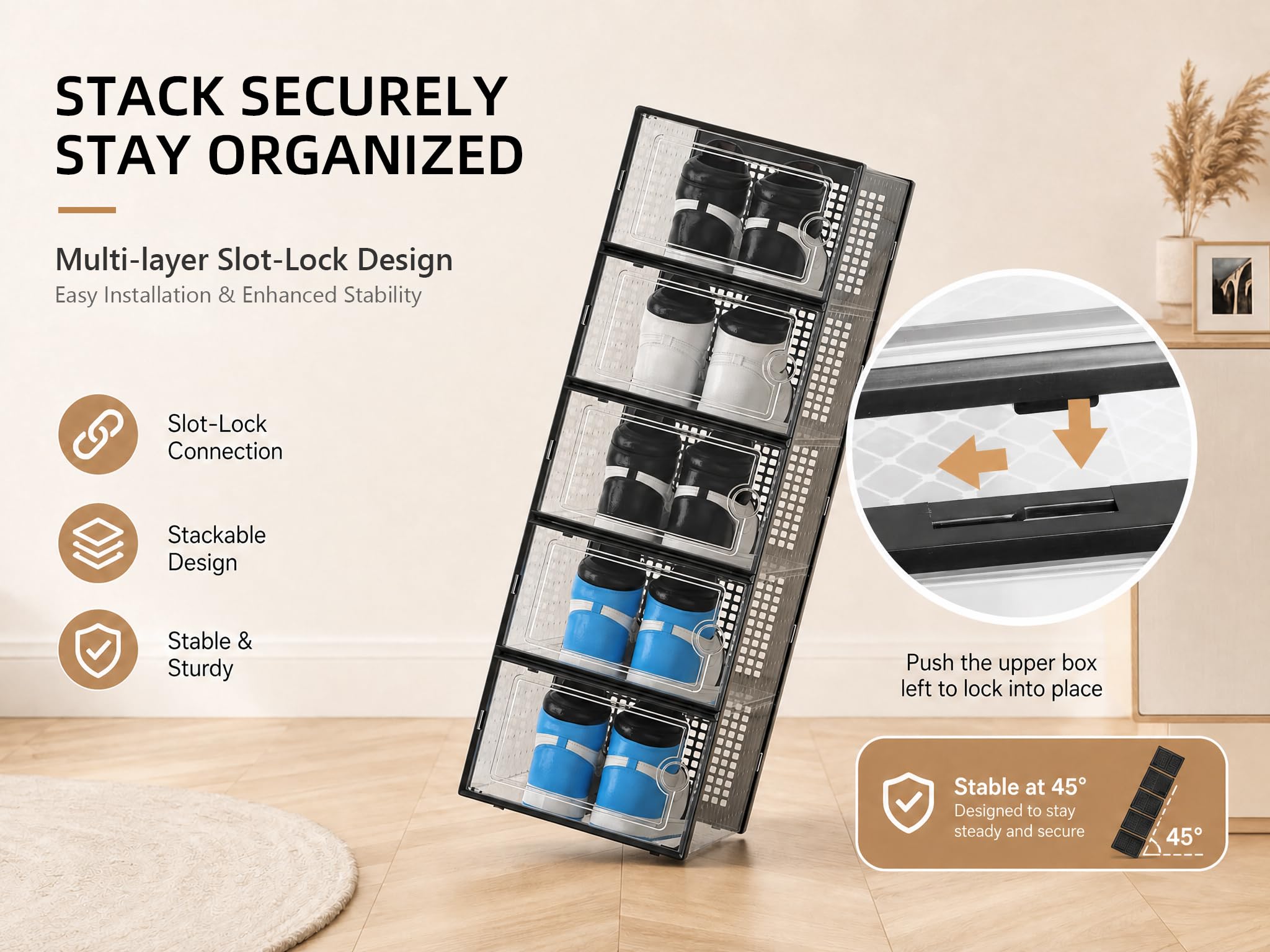Kuject cajas apiladas en un armario para ahorrar espacio vertical