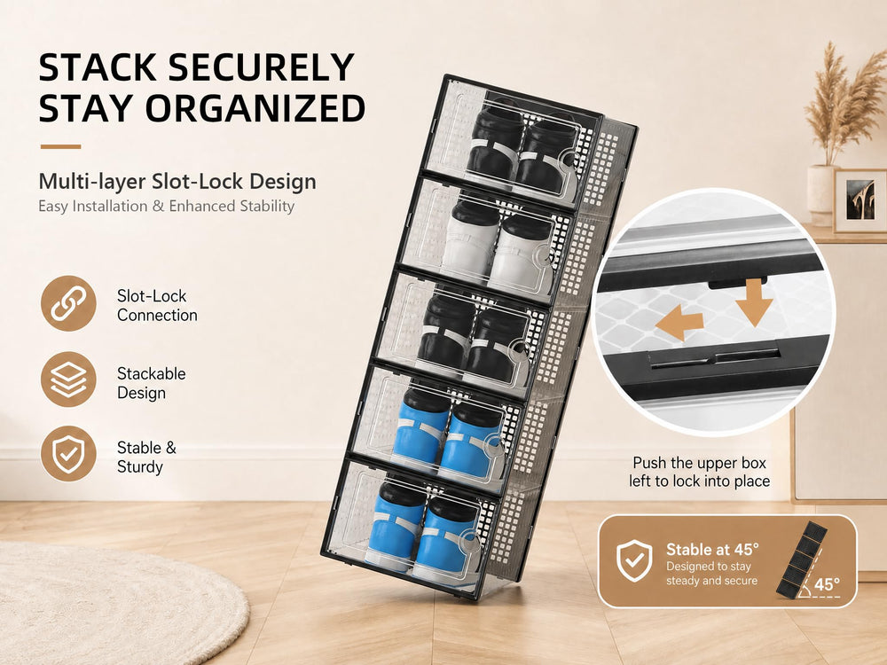 Kuject cajas apiladas en un armario para ahorrar espacio vertical
