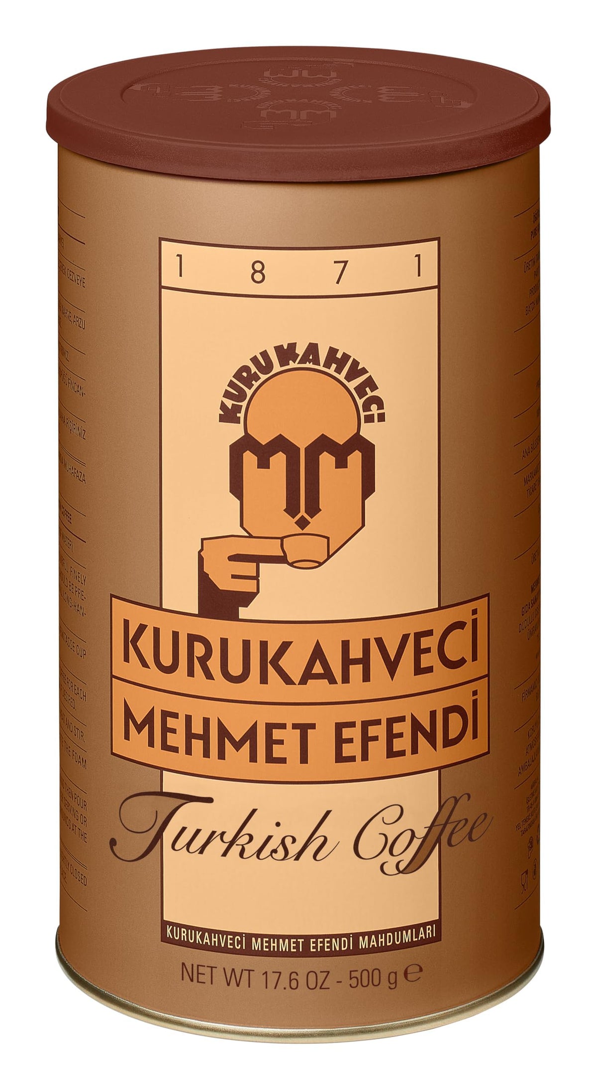 Kurukahveci Mehmet Efendi tin front view showing authentic packaging and heritage appeal