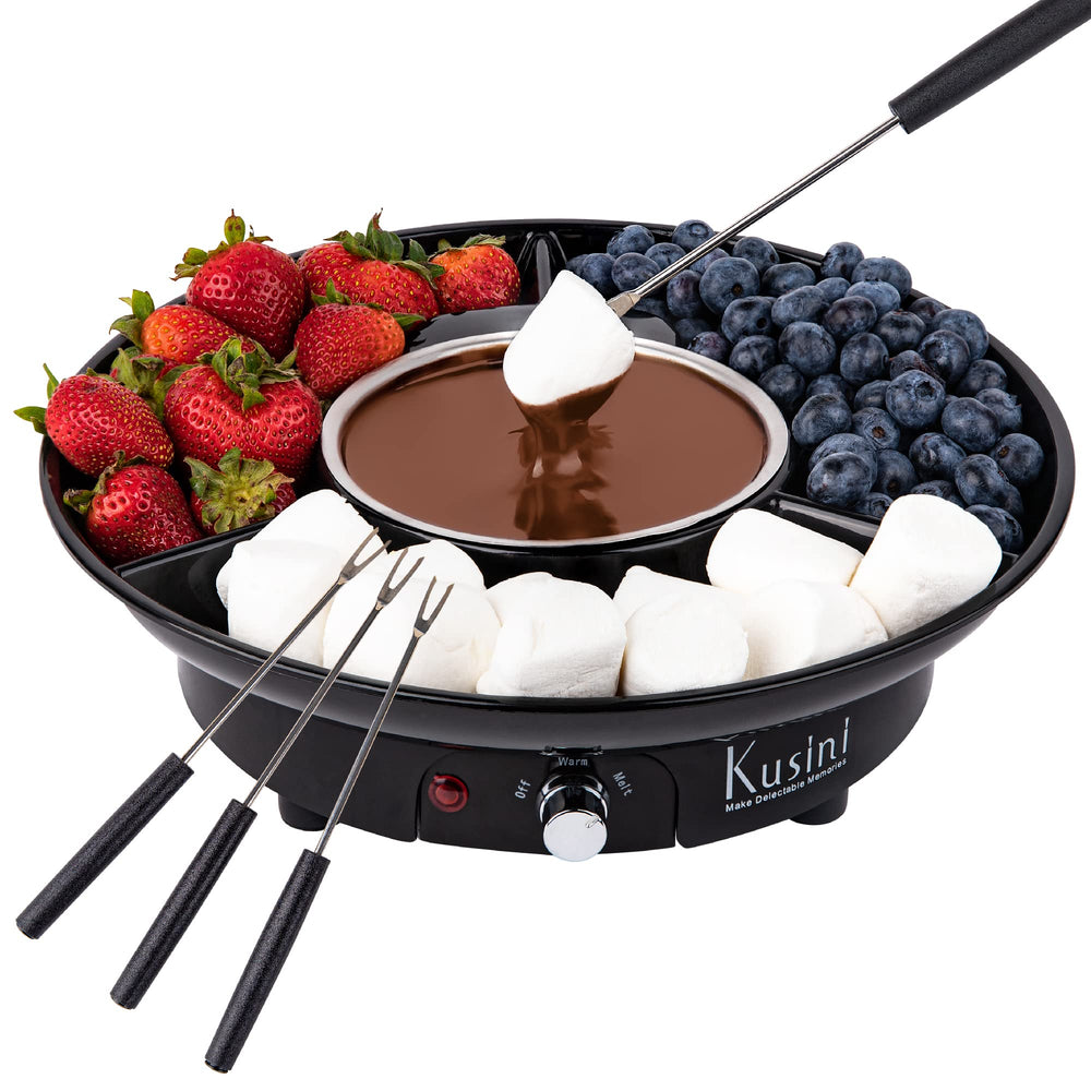 Kusini fondue frontal mostrando base y bandeja para servir práctico