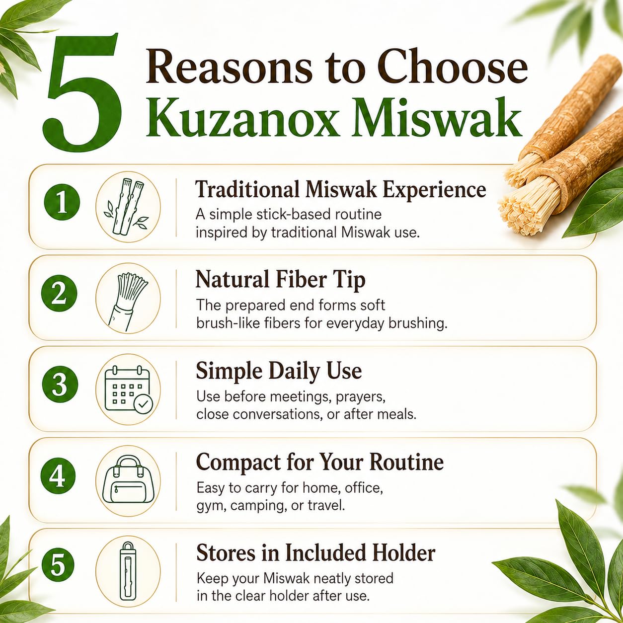 KUZANOX miswak en bolso portátil ideal para higiene oral fuera de casa