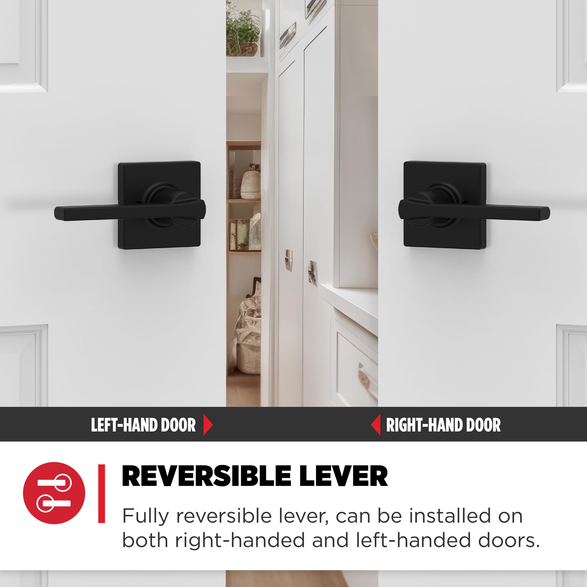 Kwikset Casey montaje instalado en puerta mostrando reversibilidad fácil