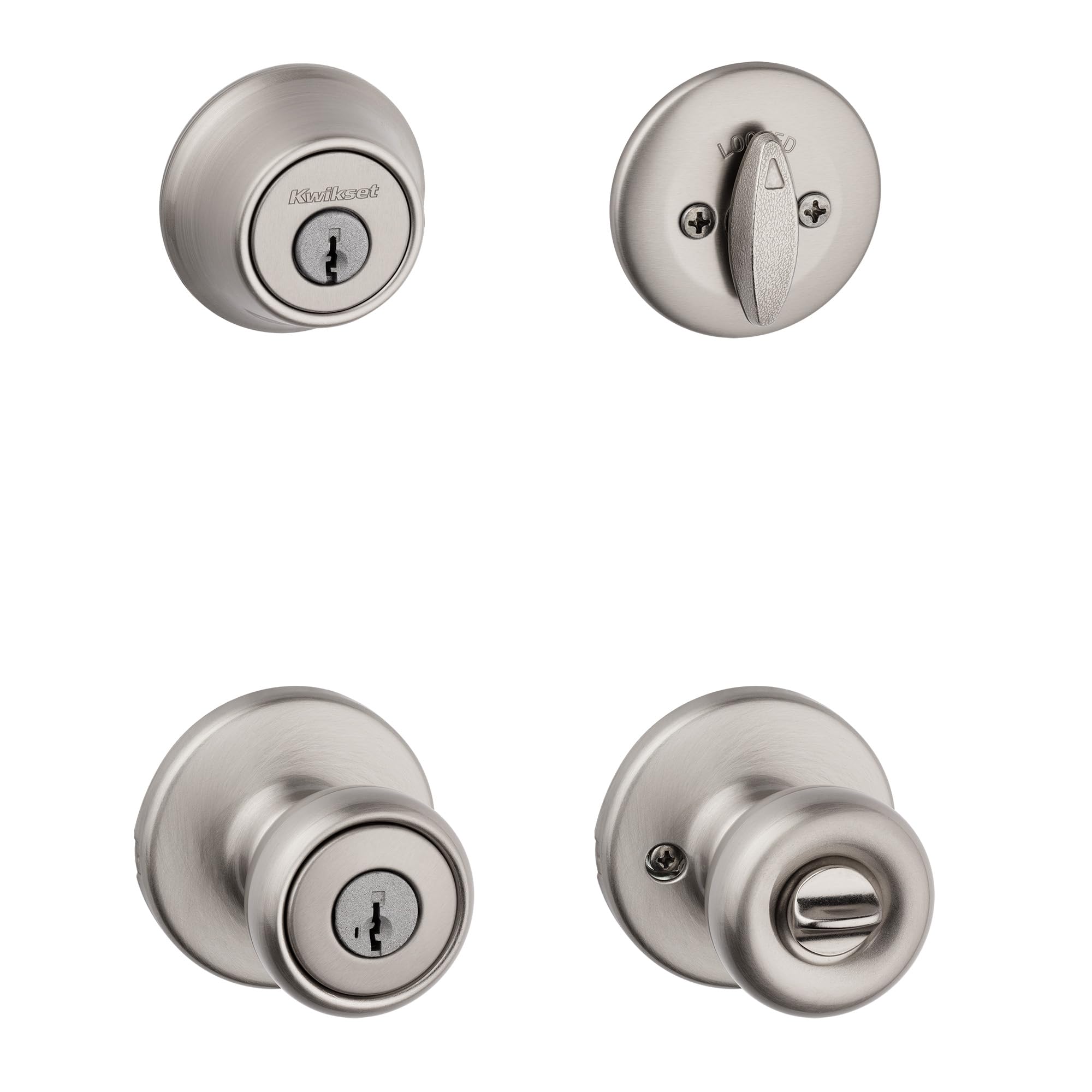 Kwikset Tylo vista frontal del juego mostrando acabado níquel satinado y seguridad