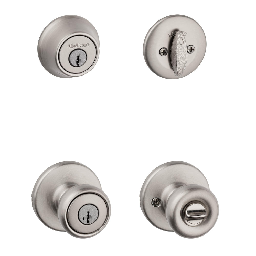 Kwikset Tylo vista frontal del juego mostrando acabado níquel satinado y seguridad