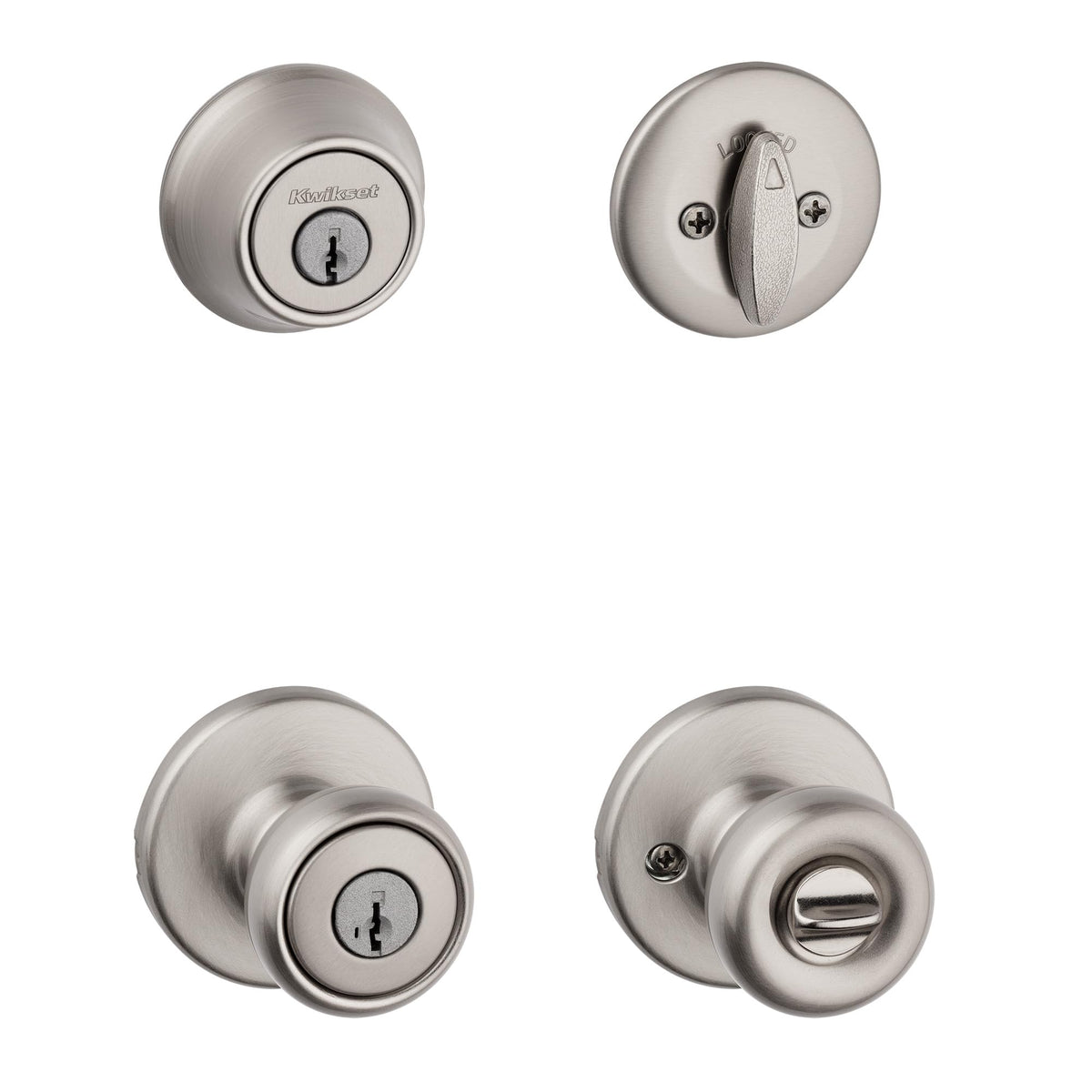 Kwikset Tylo vista frontal del juego mostrando acabado níquel satinado y seguridad