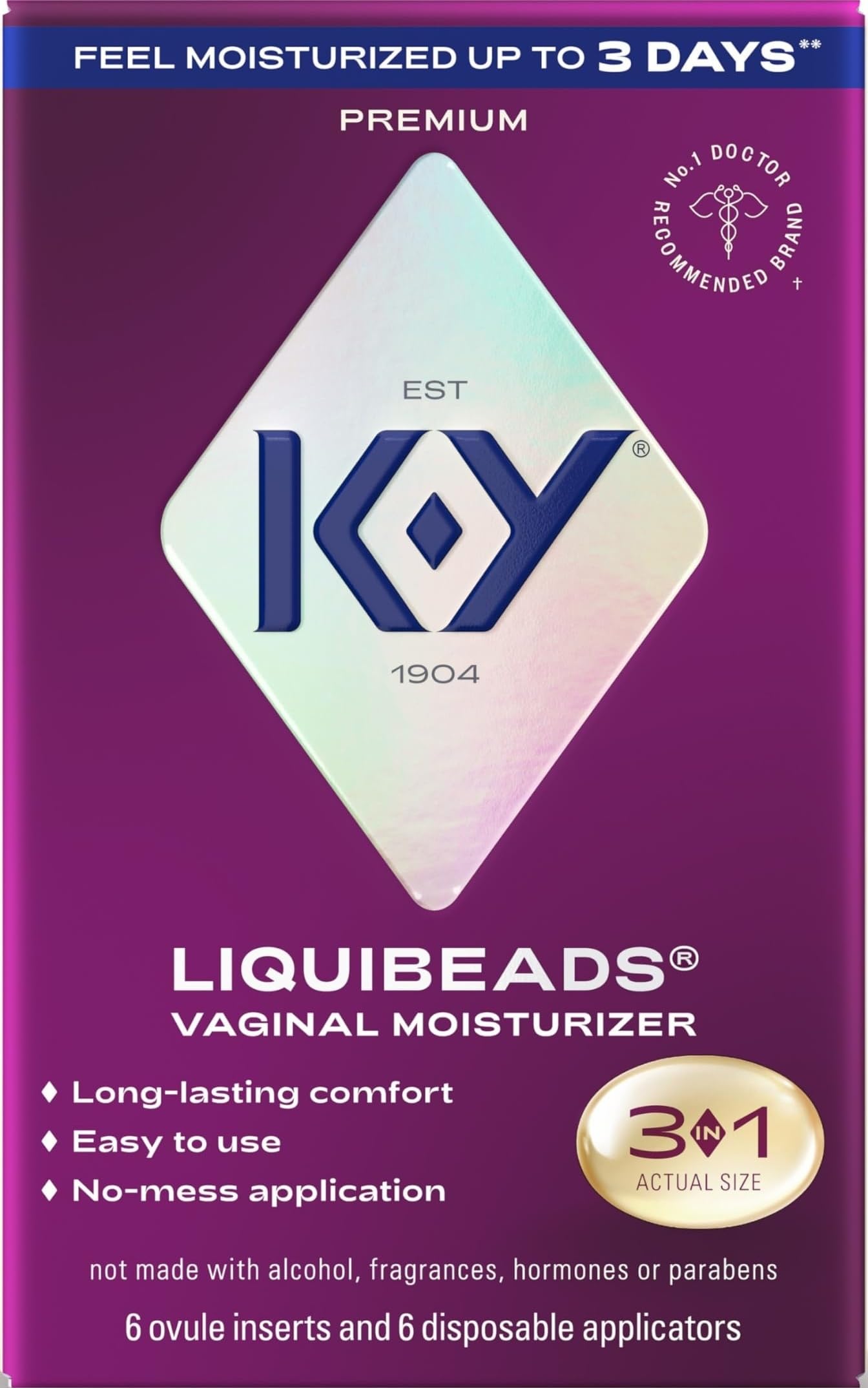 K-Y paquete frontal Liquibeads mostrando presentación discreta y beneficios