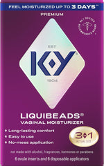 K-Y paquete frontal Liquibeads mostrando presentación discreta y beneficios