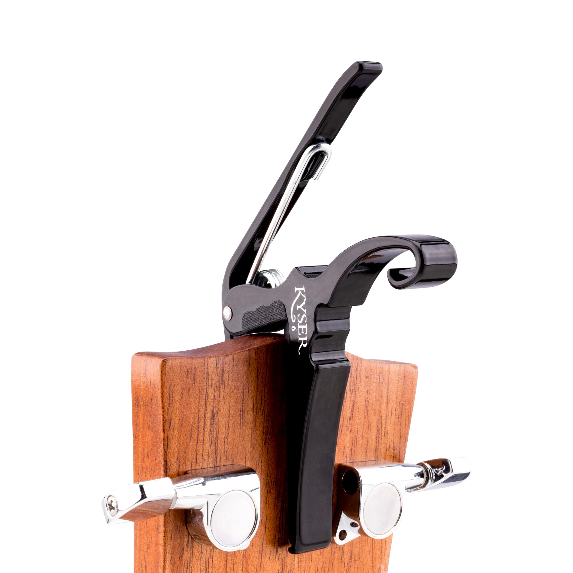 Kyser KG6BA parked on headstock illustrating handy storage and no-slip holding