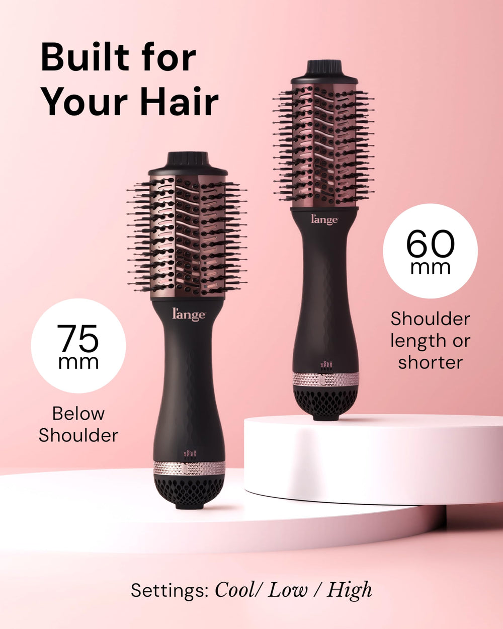 L'ANGE HAIR comparación de tamaño junto a mano para referencia ergonómica