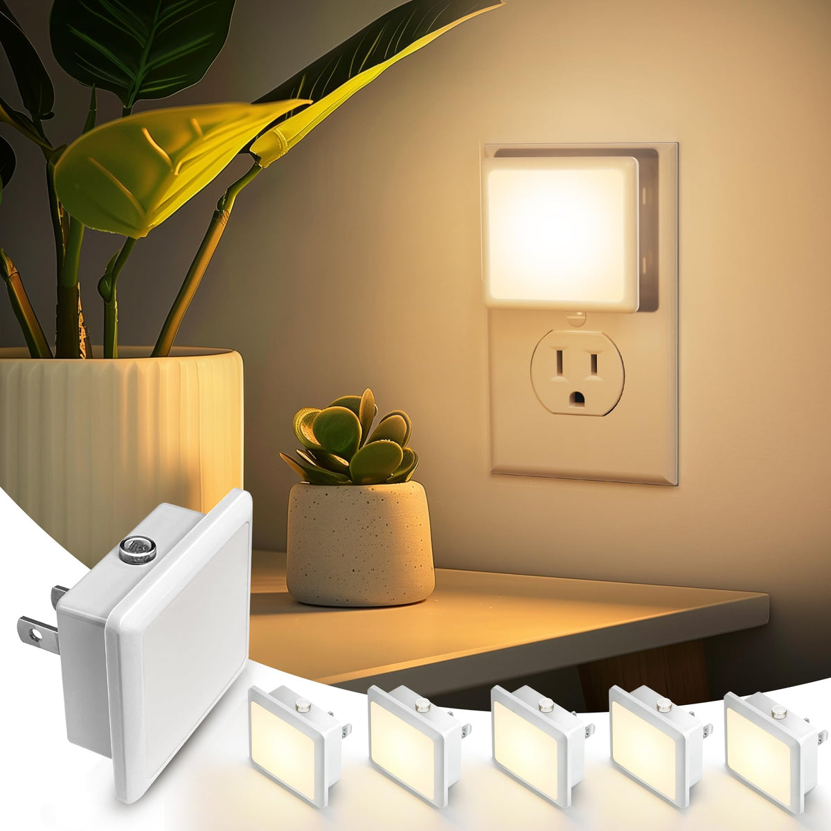 L LOHAS LED frontal enchufado mostrando diseño compacto y guía segura