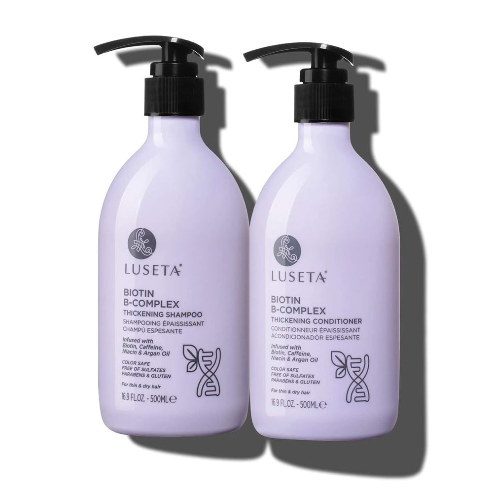 L LUSETA set frontal mostrando champú y acondicionador para volumen y fortaleza