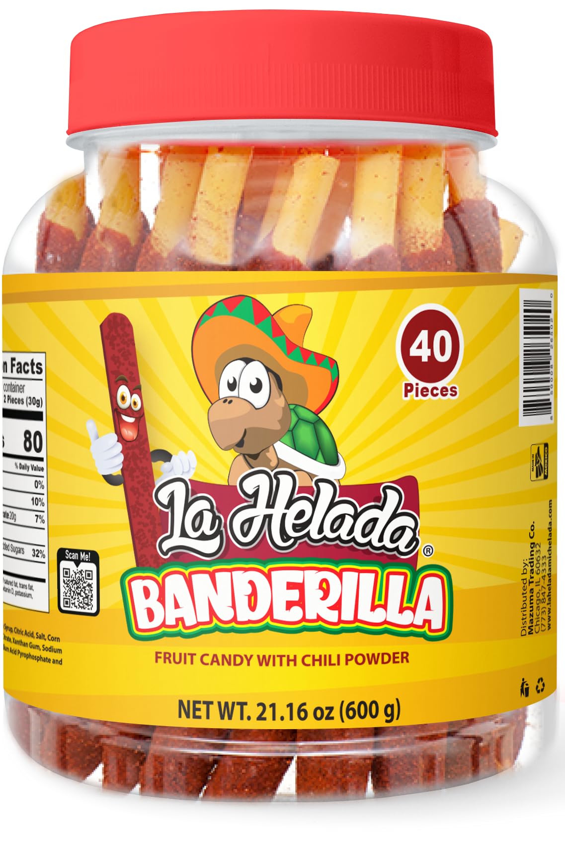 La Helada frasco frontal mostrando 40 banderillas sabor tamarindo y chile